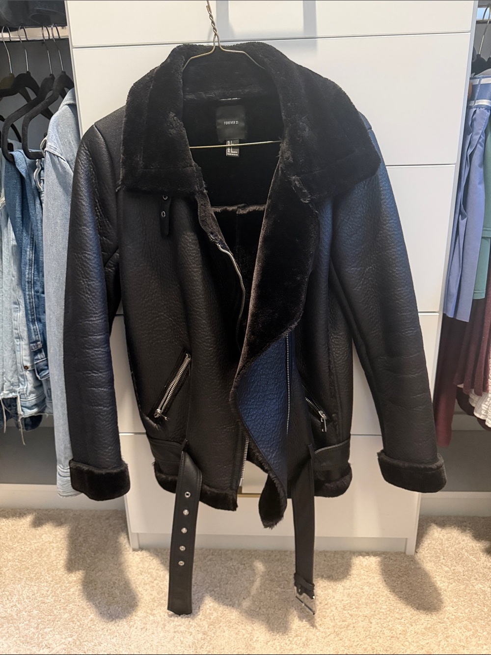 F21 black faux leather fur lined Moto jacket Small
